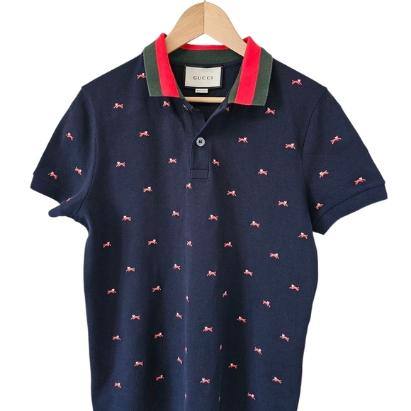 Gucci Dark Blue Polo Embroidered Shirt, Short Sleeves Red Green Striped Collar.L - Picture 3 of 11